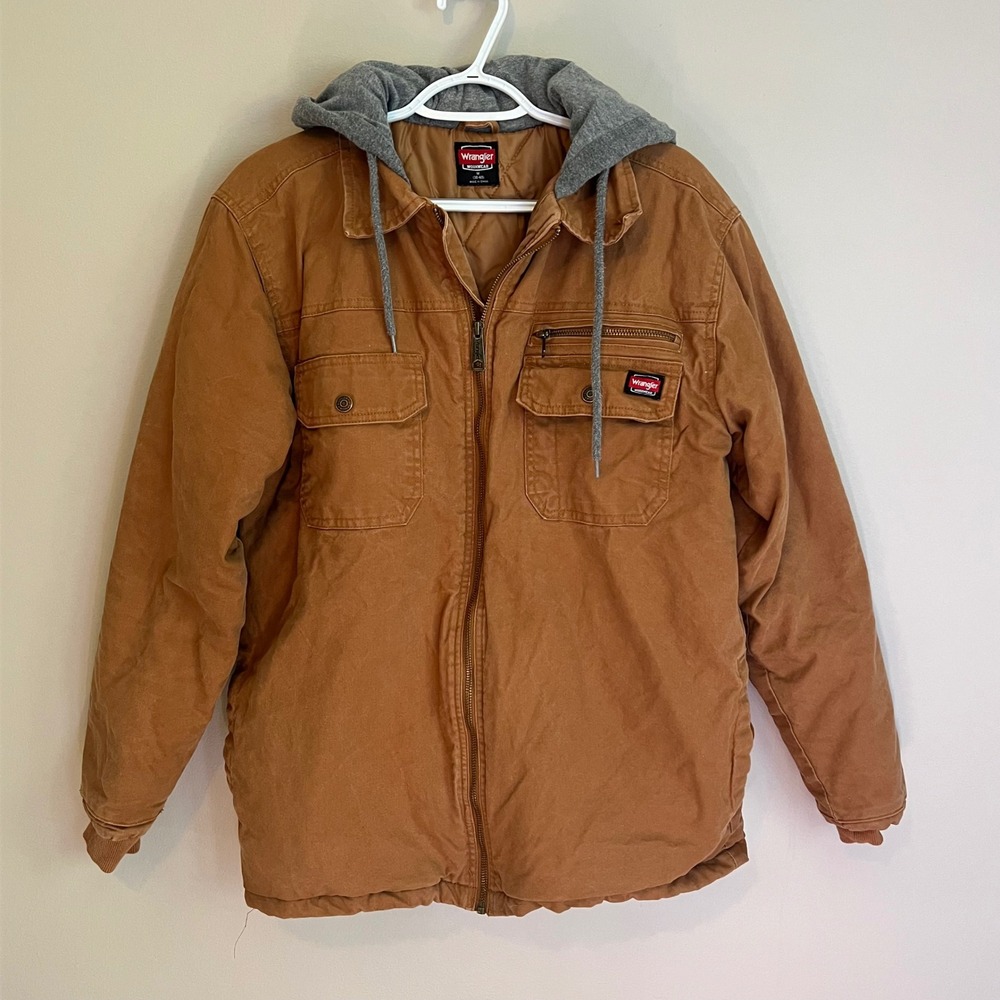 Wrangler Workwear Mens Brown Hooded Canvas Quilted Lined Utility Jacket Medium